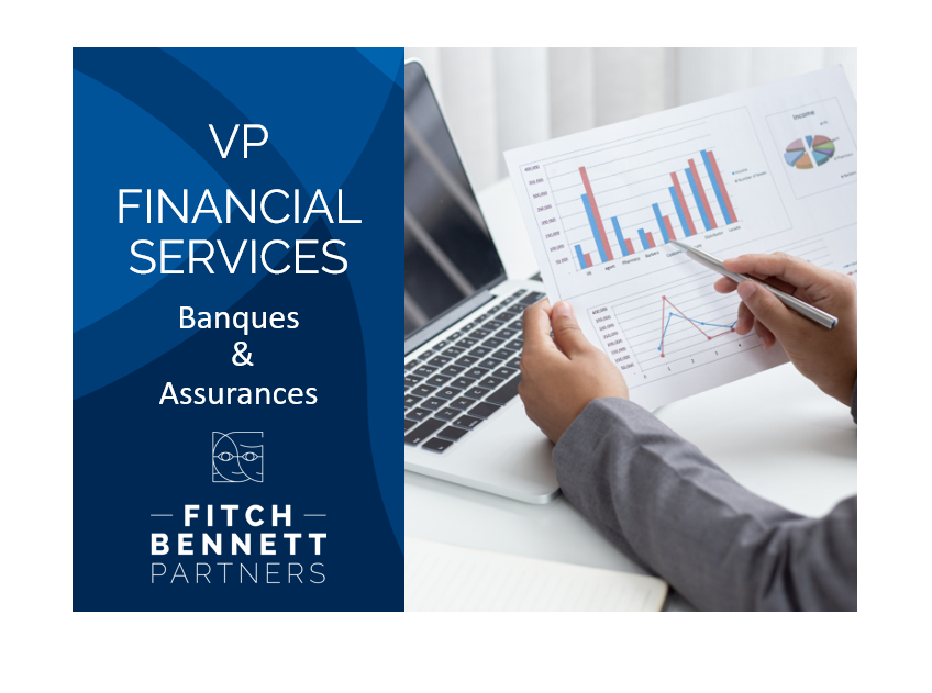 Visuel annonçant le recrutement d’un VP Financial Services pour le secteur Banques & Assurances, avec à gauche le logo Fitch Bennett Partners et à droite une personne analysant des graphiques financiers devant un ordinateur portable.